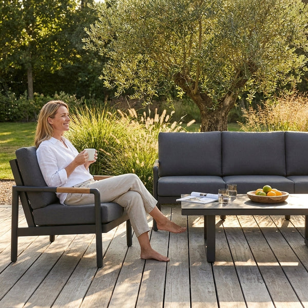 Outdoor Lounge Set Built for Premium Entertaining, Powder-Coated Aluminum, All-Weather Cushions, Coffee Table